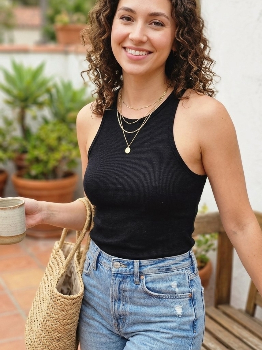 ​Free People Ribbed Knit Racerback Tank Top Black Sz M High Neck
